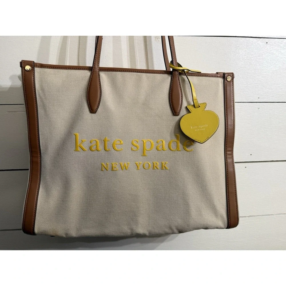 Kate Spade NY Large Market Tote Bag Beige Canvas,‎ Brown Leather Yellow
